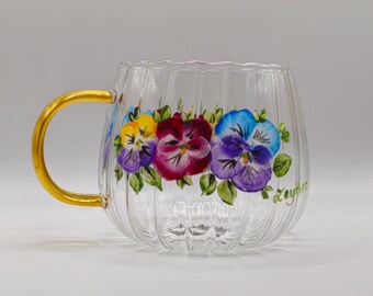 Hand-Painted Glass Mug: Personalized Violet Floral Design