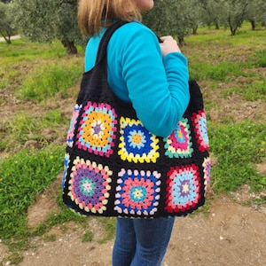 Black Crochet Shoulder Bag – Colorful Granny Square Summer Bag – Handmade Cotton Boho Tote Purse