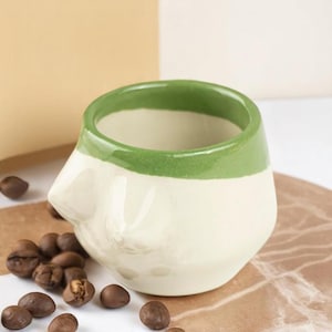 Handmade Ceramic Espresso Cup – White and Green Tones, Small Pottery Coffee Mug, Rustic Ceramic Shot Glass, Artisan Gift for Coffee Lovers