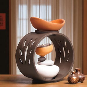 Brown Ceramic Oil Burner – Bhava Kanika Handmade Minimalist Tealight Diffuser – Natural Aromatherapy Burner for Yoga, Meditation & Home