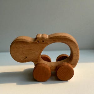 Wooden Rolling Hippopotamus Toy – Handmade Beech Wood Animal Decor – Natural Montessori Toddler Gift