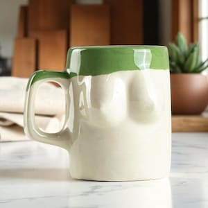 Handmade Ceramic Mug – Green and White Tones, Modern Pottery Coffee Cup, Artistic Stoneware Mug, Unique Gift for Tea & Coffee Lovers