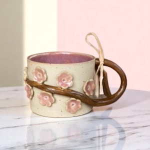 Handmade Ceramic Mug – Unique Stoneware Cup in Beige  Pink – Durable  Microwave Safe – 7x11 cm Pottery Coffee Mug
