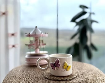 Handmade Ceramic Butterfly Mug: Gold Accents, Unique Coffee Cup