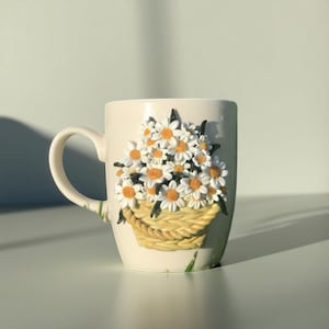Handmade Daisy Basket Mug – Polymer Clay Decorated Ceramic Cup – Unique Gift for Her – Floral Coffee Mug – Daisies Lover Cup