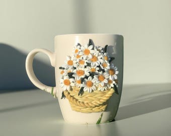 Handmade Daisy Mug: Polymer Clay Floral Ceramic Cup
