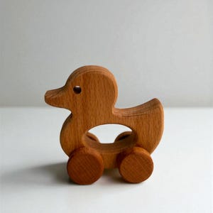 Wooden Rolling Duck Toy – Handmade Beech Wood Animal – Natural Montessori Toddler Toy & Nursery Decor