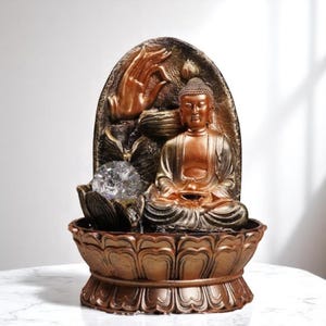 Zen Buddha Water Fountain with Aum Theme – Indoor Relaxation Decor with LED Light & Waterfall Sound – 20x20x30 cm Meditation Statue