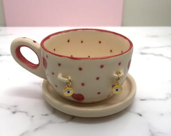 Handmade Red Heart Ceramic Mug: 300ml Coffee or Tea