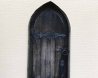 Miniature Black Arched Gothic Wood and Iron Look Sinister and Spooky Faux Prop PAPER Door