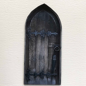 Miniature Black Arched Gothic Wood and Iron Look Sinister and Spooky Faux Prop PAPER Door