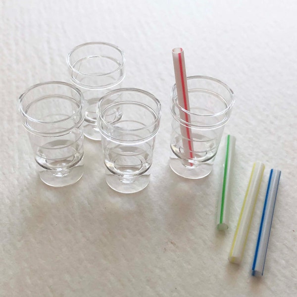 Set of Four 1:6 Scale Retro Diner Soda Pop Plastic Glasses With Straws for Barbie Blythe Miniatures
