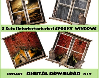 Dollhouse Miniature Spooky Owl Windows (Digital Download)