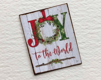 Miniature Holiday JOY to the World Sign With Image of a Wreath Dollhouse Christmas Decor 1/24, 1/12, 1/6 Scale Sizes