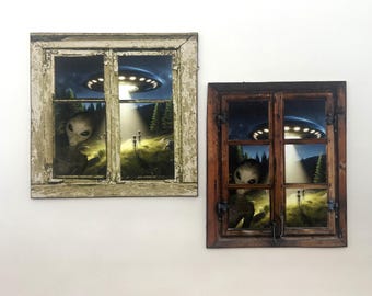 Ventana de papel en miniatura con OVNI y extraterrestres