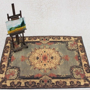Miniature Rectangular Rug Mossy Green and Gold in 1/24, 1/12 and 1/6 Scale Sizes