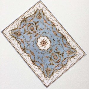 Miniature  French Aubusson Rug in Blue With Roses in 1/48 1/24 1/12 and 1/6 Scale Sizes