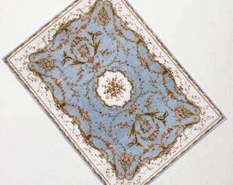 Miniature  French Aubusson Rug in Blue With Roses in 1/48 1/24 1/12 and 1/6 Scale Sizes