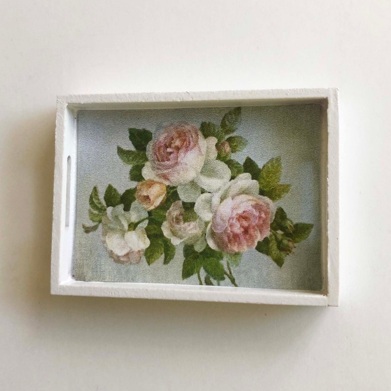 Miniature 1:12 Scale White Shabby Cottage Roses Decorative Serving Tray LARGER