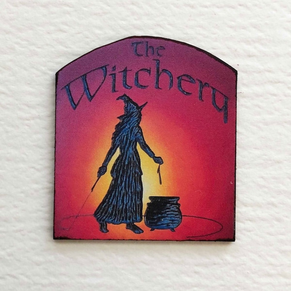 Miniature Shop Sign The Witchery Showing a Witch and Cauldron in Orange and Black