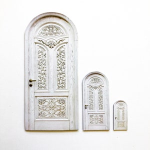 Miniature PAPER Grayish White Arched Door with Ornate Carved Wood Look