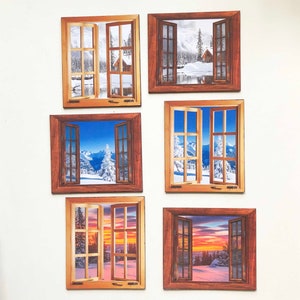 Miniature Paper Faux Cabin Open Windows  with Winter Views and Two Frame Styles in Choice of 1/24 or 1/12