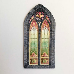 Gothic Cathedral or Castle PAPER Faux Windows With Stained Glass Image Miniatures in 1/48, 1/24, 1/12 and 1/6 Scale one on RIGHT