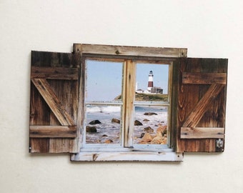 Faux Rustic Shuttered Window with View of Rocky Coast and Lighthouse PAPER Miniature Prop