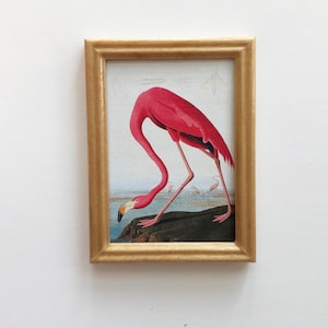 May include: A framed print of a pink flamingo standing in shallow water. The flamingo is bending its neck down to drink. The print is in a light wood frame.