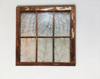 Miniature PAPER Window With Shabby Frame and Spiderweb Glass