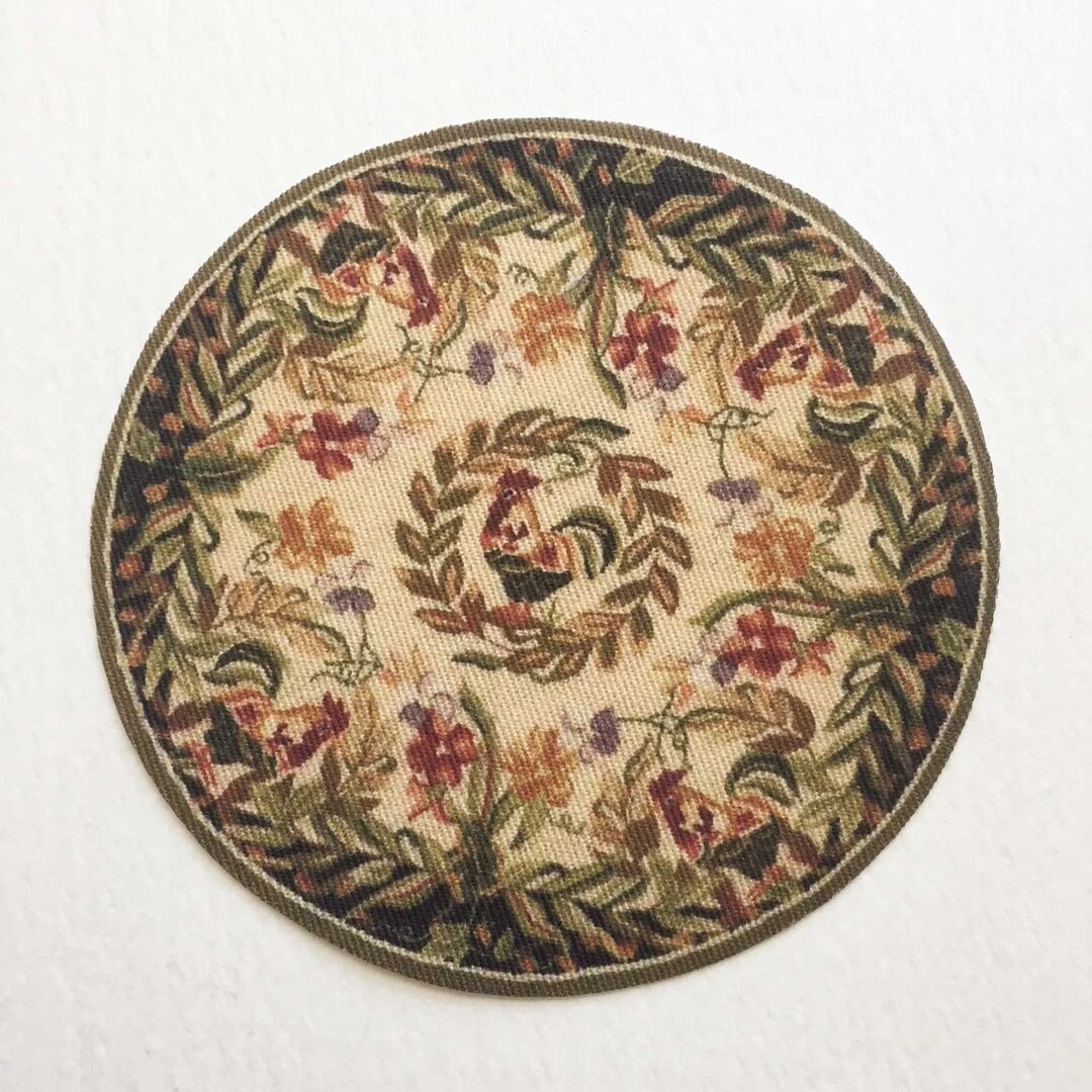Miniature Round Rug With Roosters and Flowers in 1/24, 1/12 and 1/6