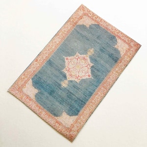 Teal Miniature Oriental Rug, Peach Medallion Border, Dollhouse Scale