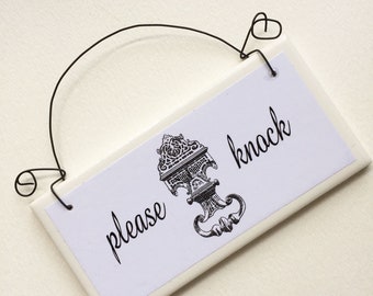 Please Knock Sign With Image of Vintage French Metal Door Knocker Decoupaged on Tile