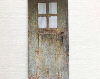 Miniature Grungy Rustic Faux Paper Prop Door 1/48, 1/24 or 1/12 Scale  with Look of Curtains in the Windows