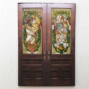 Miniature Doors with Art Nouveau Images of Two Ladies Faux PAPER Props  in 1:12 or Half Scale