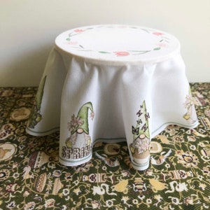 Miniature Skirted Round Table with Gnomes for Spring or Easter