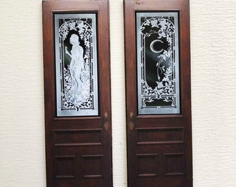 Miniature Faux PAPER Prop Chestnut Victorian Doors with Art Nouveau Glass in 1:12 or Half Scale