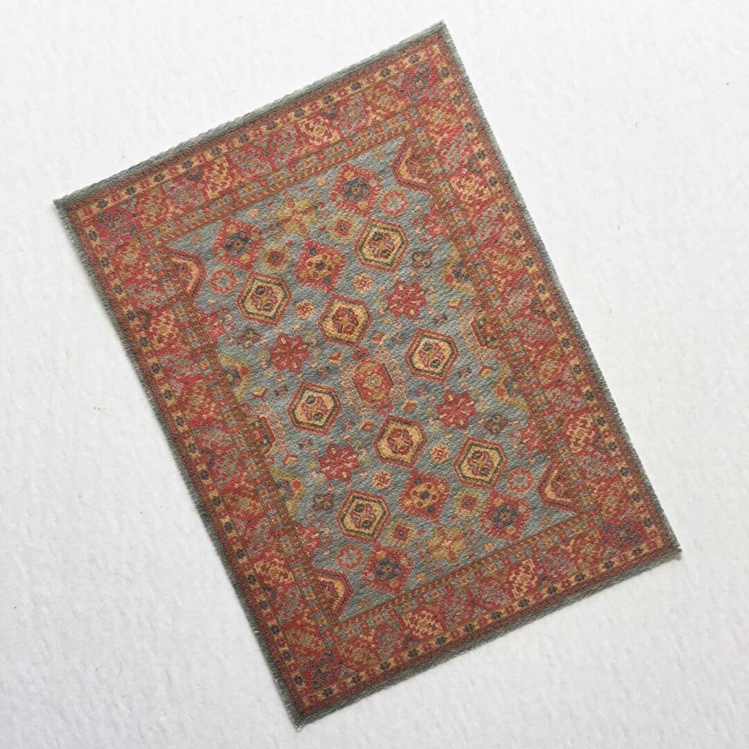 Miniature Oriental Rug in Greenish Blue Red and Gold for Dollhouse 1/24