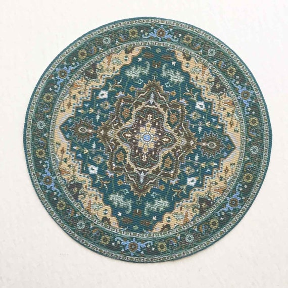 Scale Miniature Round Oriental Rug Teal And Tan In 1 24 Or Scale Miniature Round Oriental Rug Teal, Round Oriental Rug