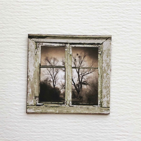 Faux Miniature Grungy PAPER Window With View of  Gloomy Eerie Trees 1/24 r 1/12 Scale Prop