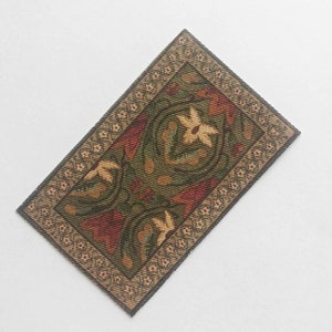 Miniature Art Nouveau Rectangular Rug in Red Rust Olive and Tan