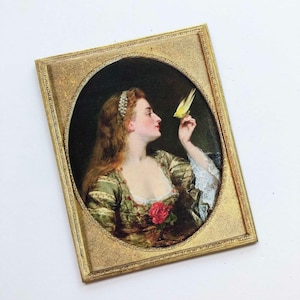 Miniature PAPER Faux Framed Vintage Painting of The Bird Charmer a Woman With Yellow Bird