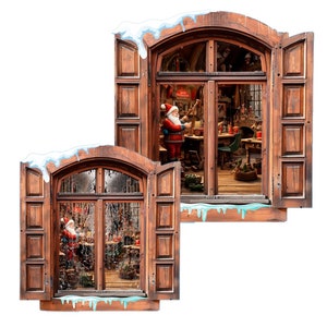 May include: Two wooden windows with snow on top and icicles hanging from the bottom. Each window has a view of a workshop with a Santa Claus figure inside. The workshop is filled with tools and toys.