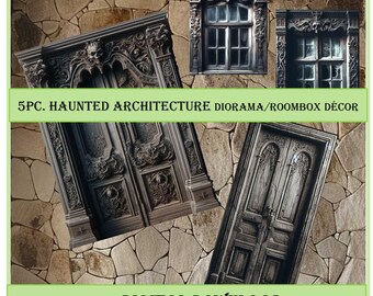 Puede incluir: Una descarga digital con 5 piezas de decoración de diorama/roombox de arquitectura embrujada. La imagen muestra puertas y marcos de ventanas góticos de color gris oscuro detallados, con detalles de calaveras, sobre un fondo de pared de piedra. El texto dice "5PC. HAUNTED ARCHITECTURE DIORAMA/ROOMBOX DÉCOR" y "INSTANT DIGITAL DOWNLOAD DIY".
