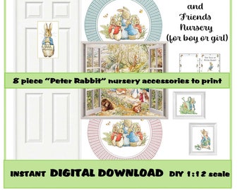 Dollhouse Miniature  PRINTABLE digital DOWNLOAD Peter Rabbit Themed  Nursery  8 Piece  1:12 Scale Props for DIY