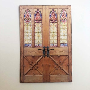 Miniature Faux Church Door or Doors with Stained Glass Windows a PAPER Miniature Prop