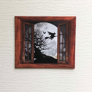 Faux Miniature Paper Prop Open Window With View of Witch Flying Past a Full Moon