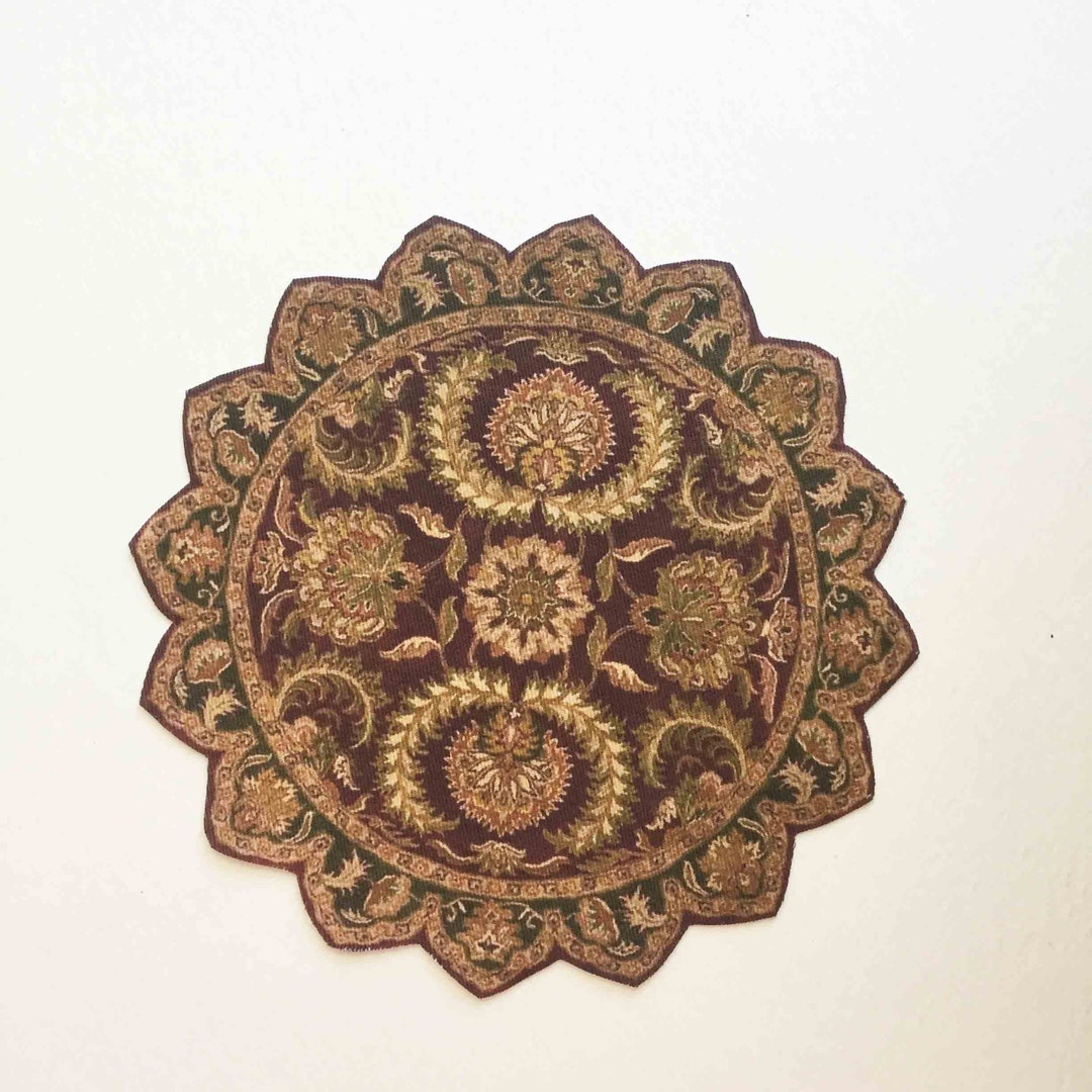 Miniature Dollhouse Rug Round With Petal Border Burgundy and Hunter ...