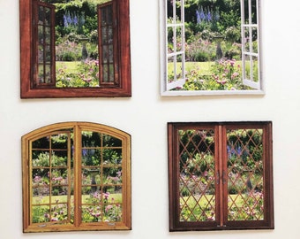 Windows With Garden  Birdbath View, PAPER Miniatures in Sizes to Fit Several Miniature Scales