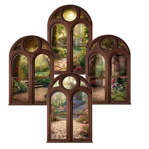 Faux Miniature Arched  PAPER Window With Choice of Garden View and Size